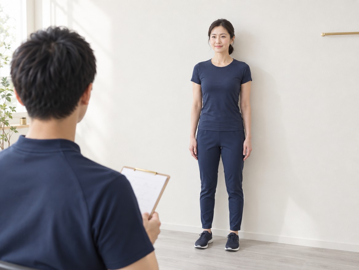 壁の前に立つ女性の姿勢を確認するトレーナーの肩越しの様子