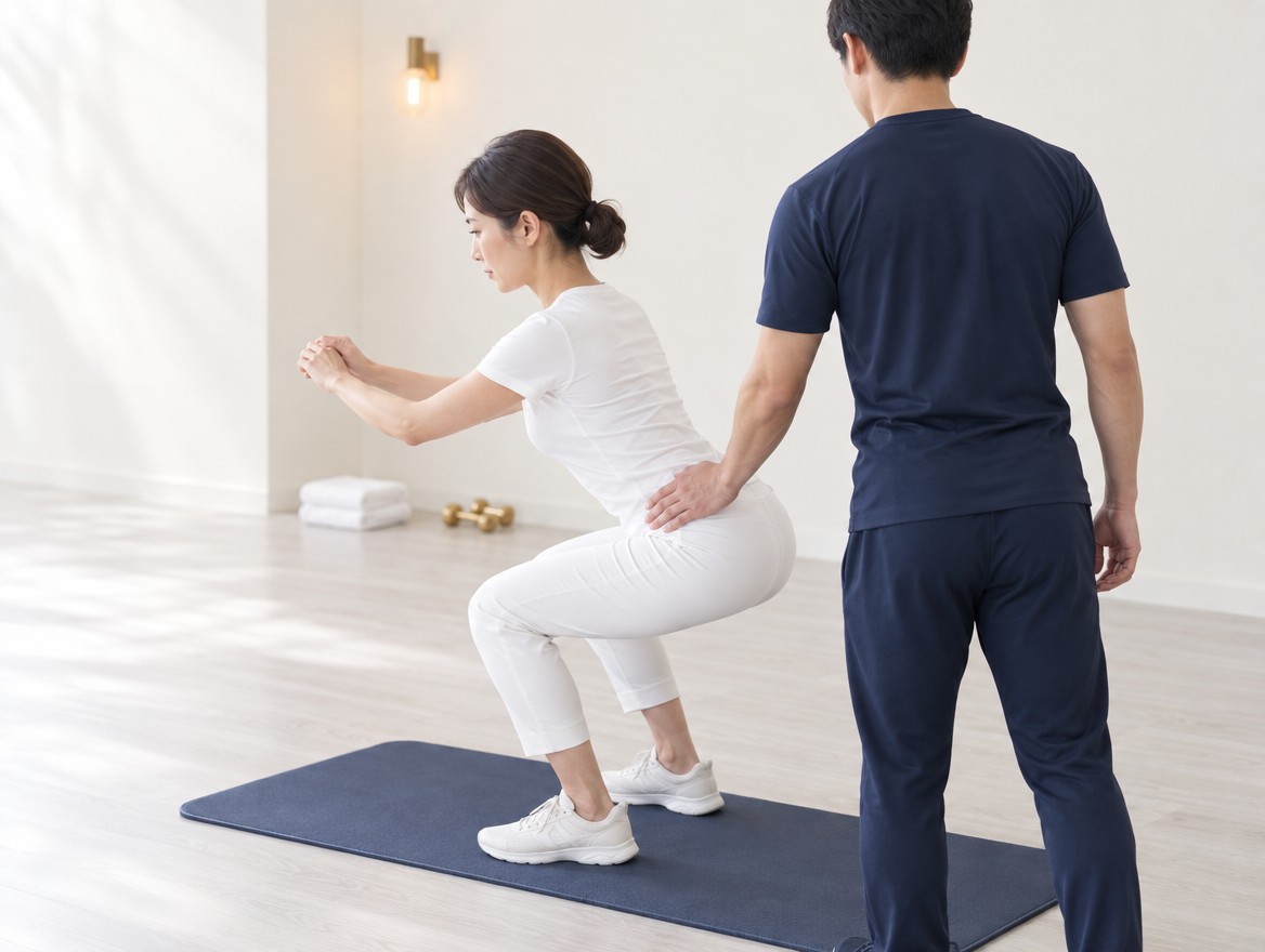トレーナーの補助を受けてスクワットのフォームを確認する女性